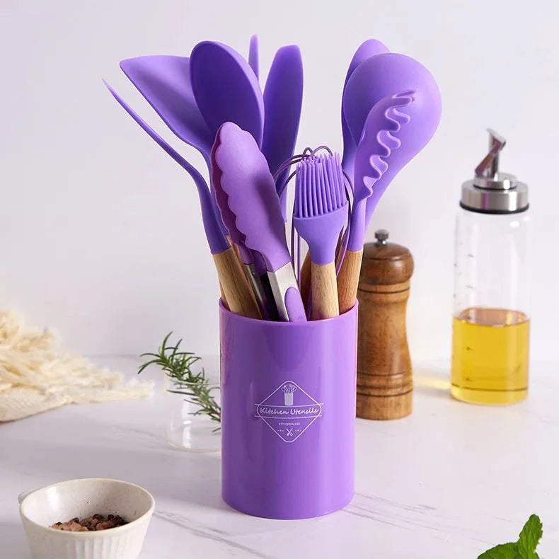 Kit Colher De Silicone Para Cozinha, BPA Antiferrugem, Conjunto De Utensílios De Cozinha De Madeira, 12 Peças