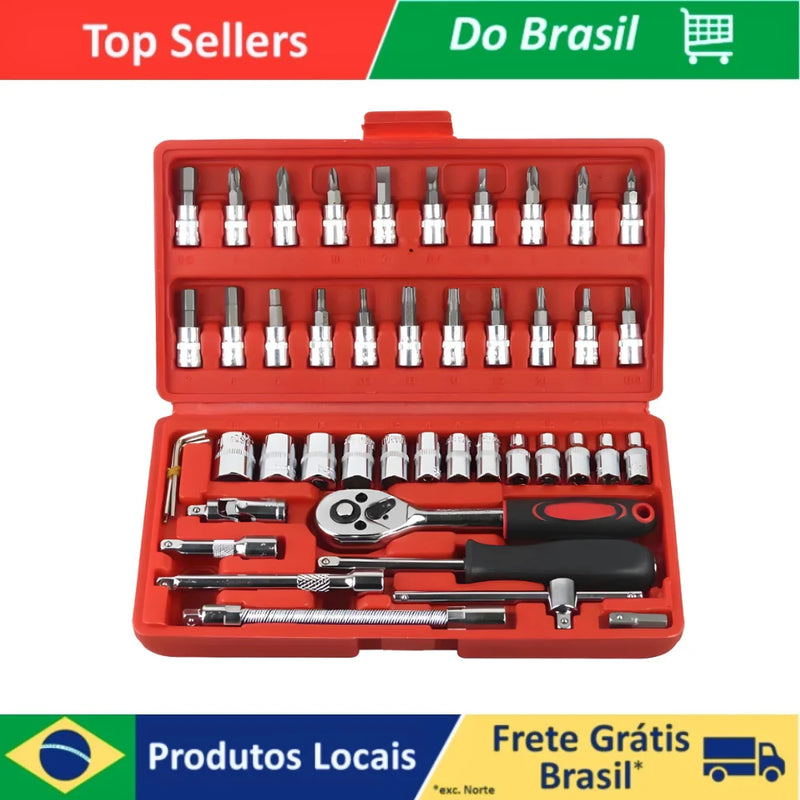 Kit de ferramentas 46 peças chave catraca reversível com caixa soquete jogo para manutenção e reparo