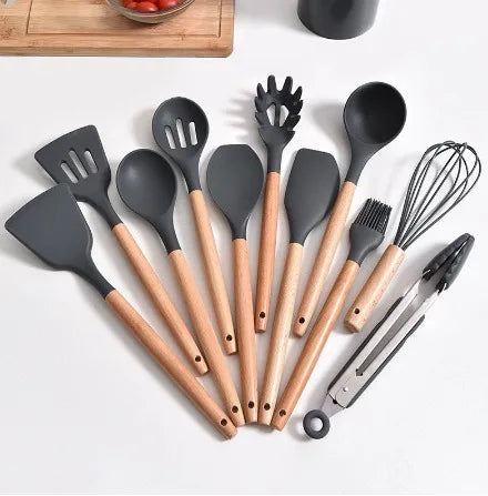 Kit Colher De Silicone Para Cozinha, BPA Antiferrugem, Conjunto De Utensílios De Cozinha De Madeira, 12 Peças