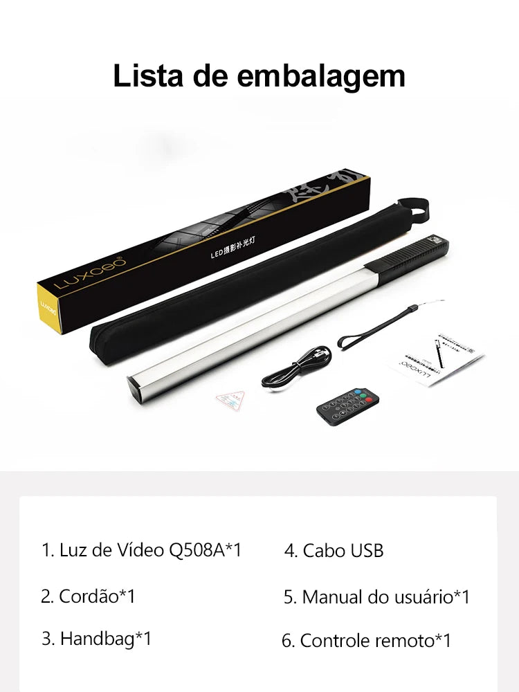 LUXCEO Q508A RGB Luz de vídeo com controle remoto 3000K-6000K 36 cores Iluminação de estúdio fotográfico LED Stick para Youtube TikTok Vlog