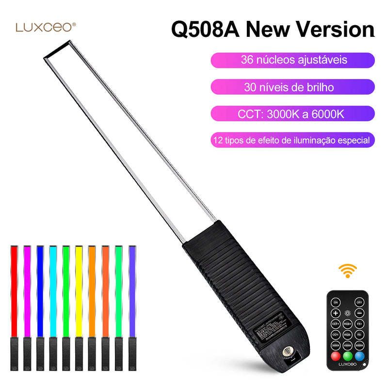 LUXCEO Q508A RGB Luz de vídeo com controle remoto 3000K-6000K 36 cores Iluminação de estúdio fotográfico LED Stick para Youtube TikTok Vlog