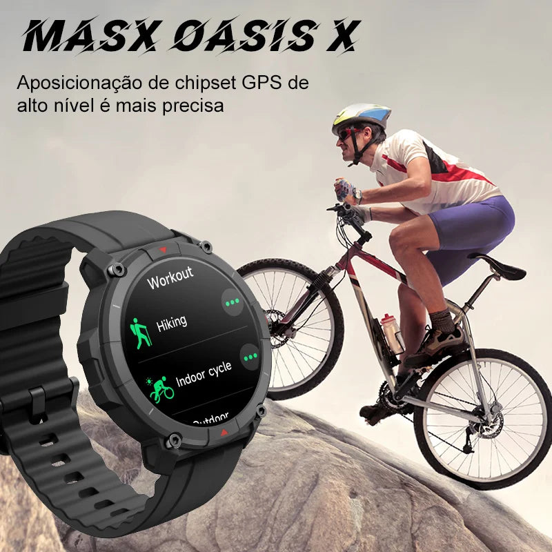 MASX Oasis X Premium GPS Smart Watch Alexa Ultra HD Display GPS integrado Hi-Fi Bluetooth Chamadas telefônicas Relógio esportivo de nível militar