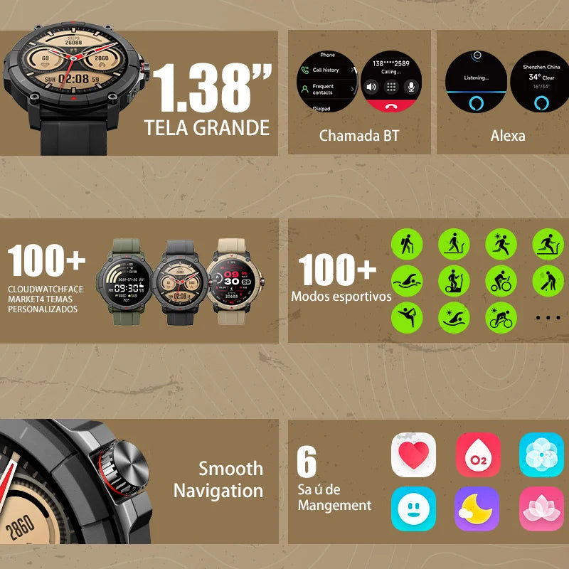 MASX Oasis X Premium GPS Smart Watch Alexa Ultra HD Display GPS integrado Hi-Fi Bluetooth Chamadas telefônicas Relógio esportivo de nível militar